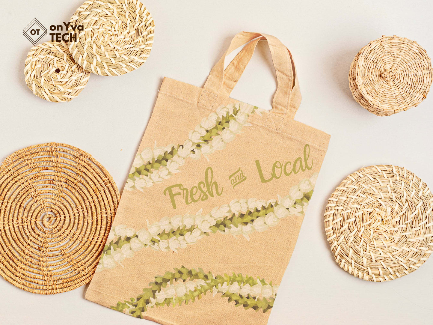 jute tote bag with several Pakalana Pikake 3 Strand Twist Lei sublimation print from top to bottom