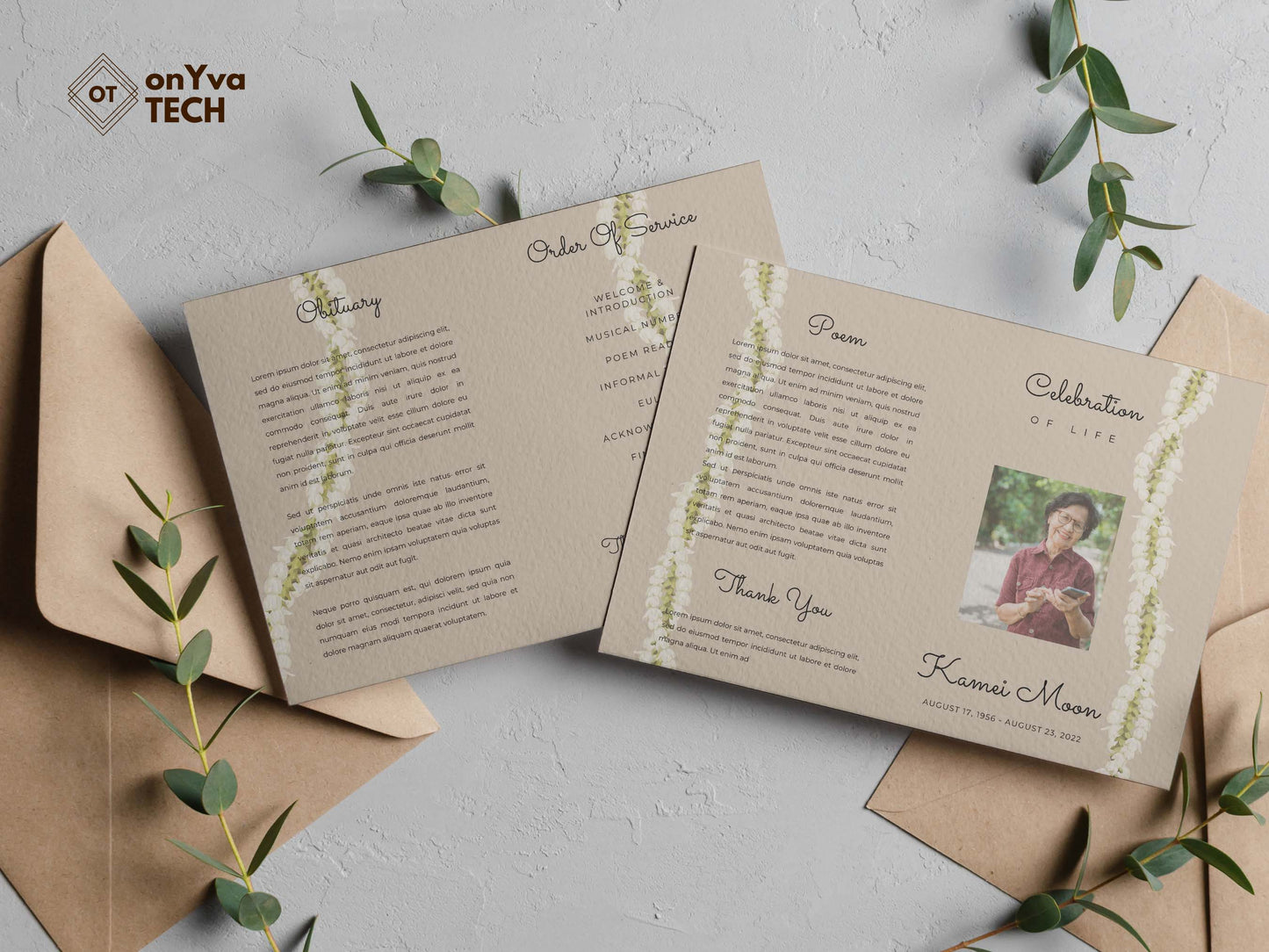 celebration of life program mockup with two pages embellished with 2 Pakalana Pikake 3 Strand Twist Lei on the side of each page of the flyer