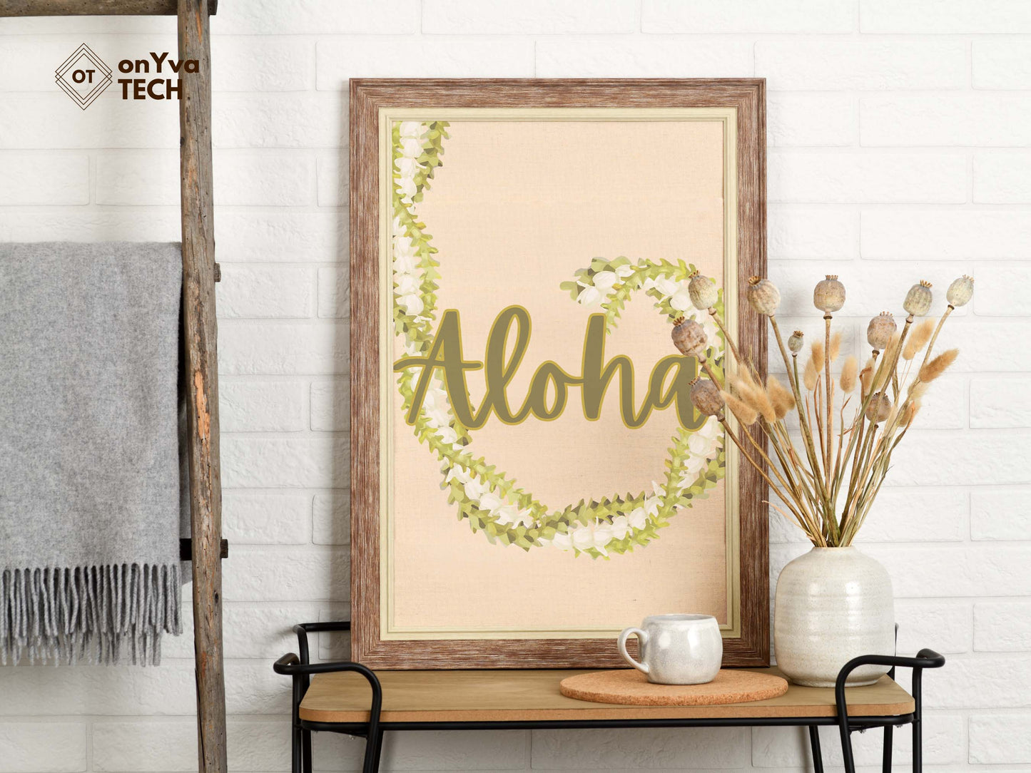 printed poster in a frame of a swirl of a Pakalana Pikake 3 Strand Twist Lei with the words Aloha