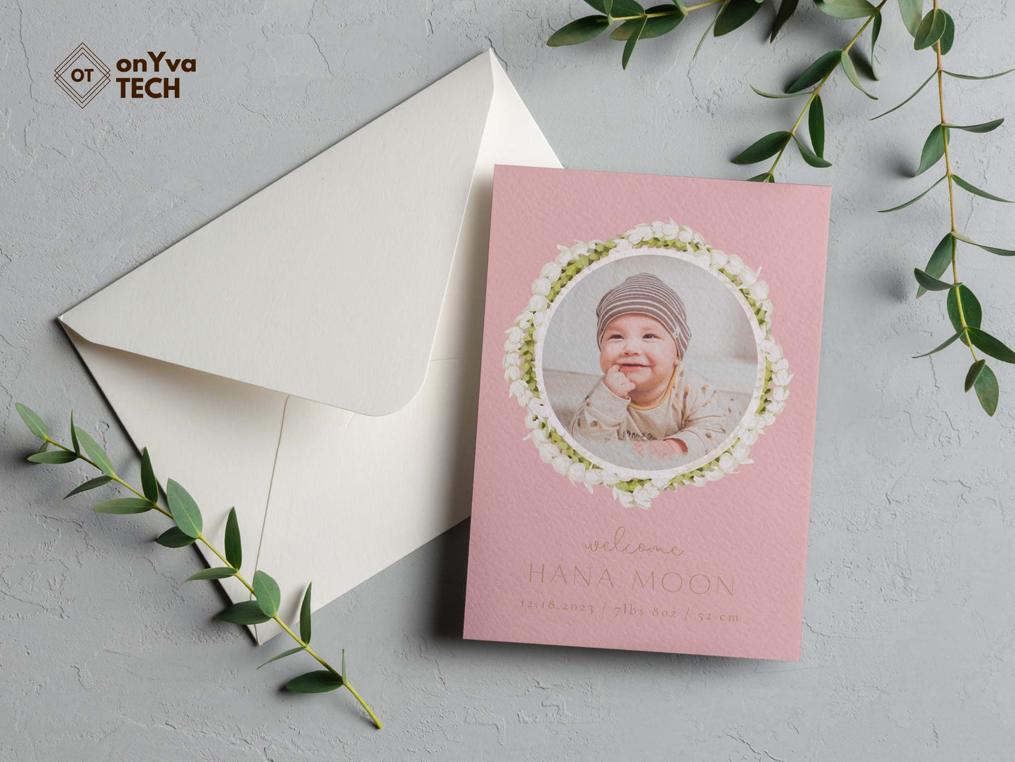 baby announcement card with a circle frame of Pakalana Pikake 3 Strand Twist Lei necklace around the picture.