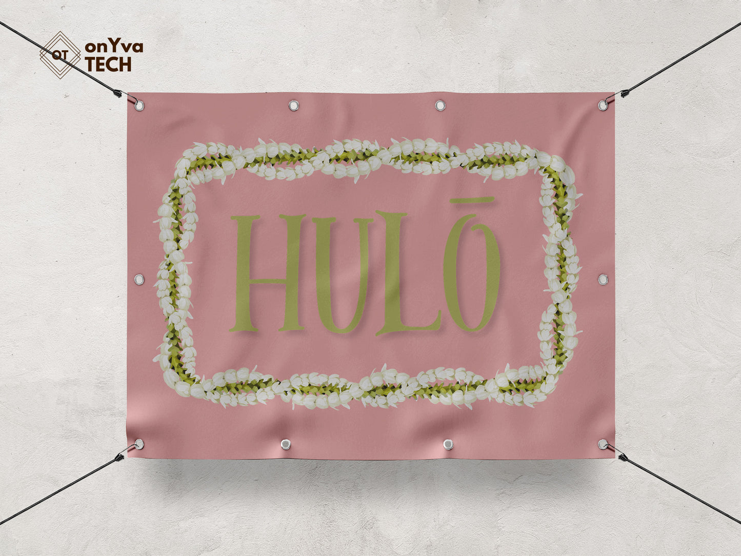 banner with a sublimation print of a rectangle border of a Pakalana Pikake 3 Strand Twist Lei frame surrounding the words