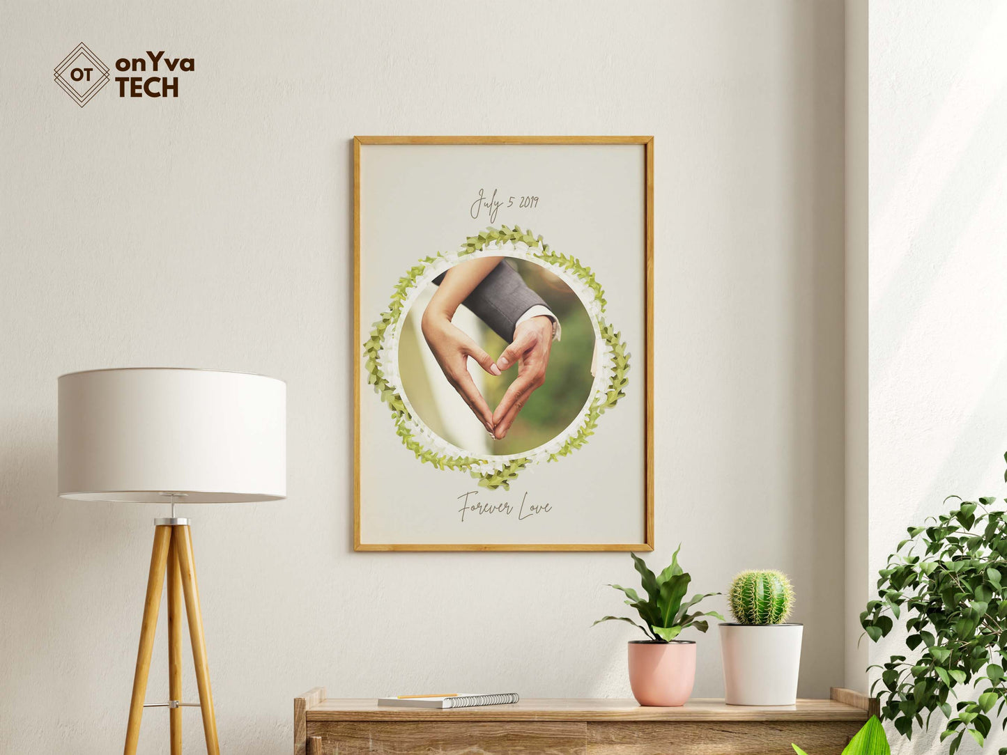 framed printed poster of a couple holding each other with a circle Pakalana Pikake 3 Strand Twist Lei border around their picture and printed their wedding date and the words Forever Love