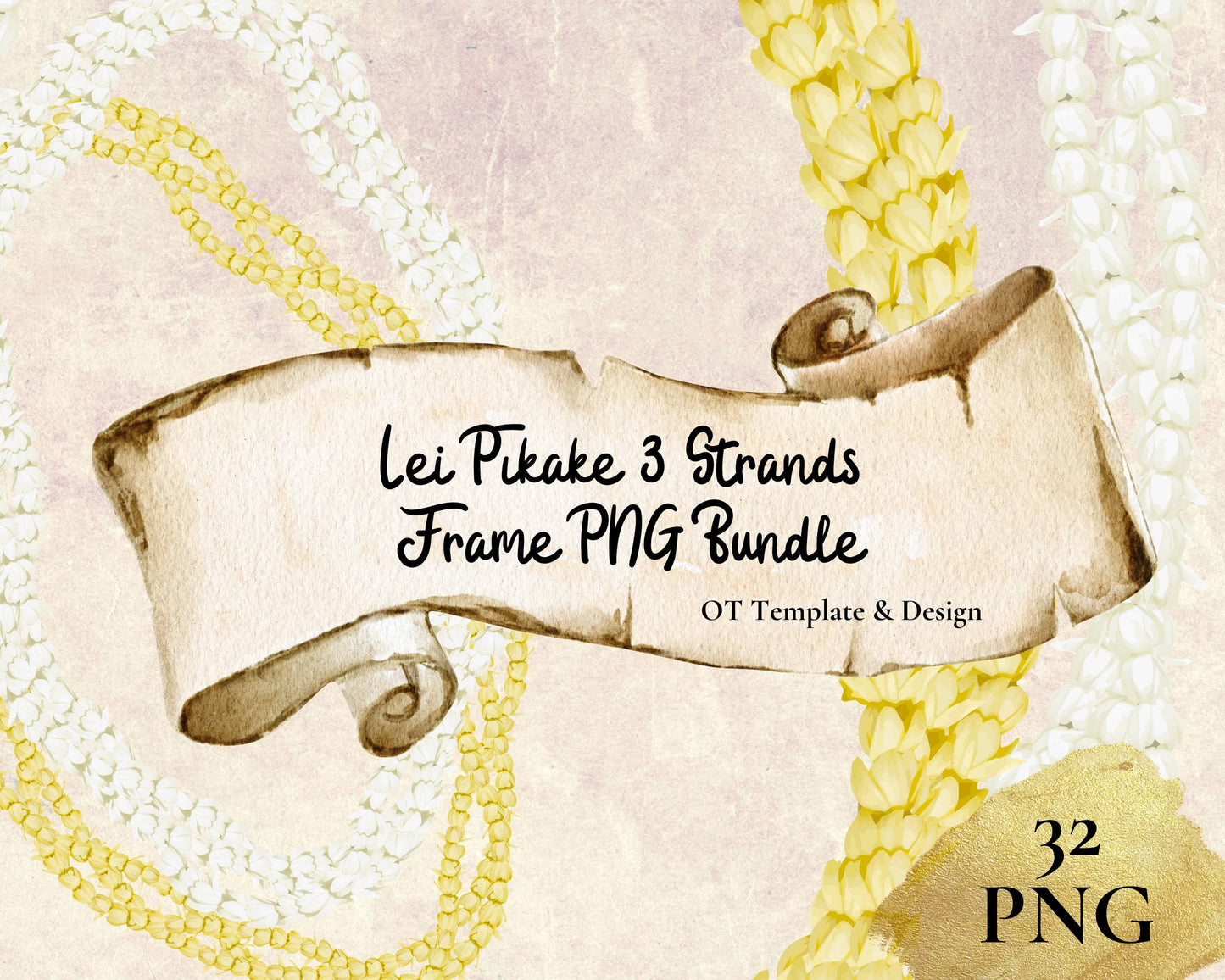 Pikake 3 Strand Twist Lei | Hawaiian Frame PNG Bundle | Digital Download
