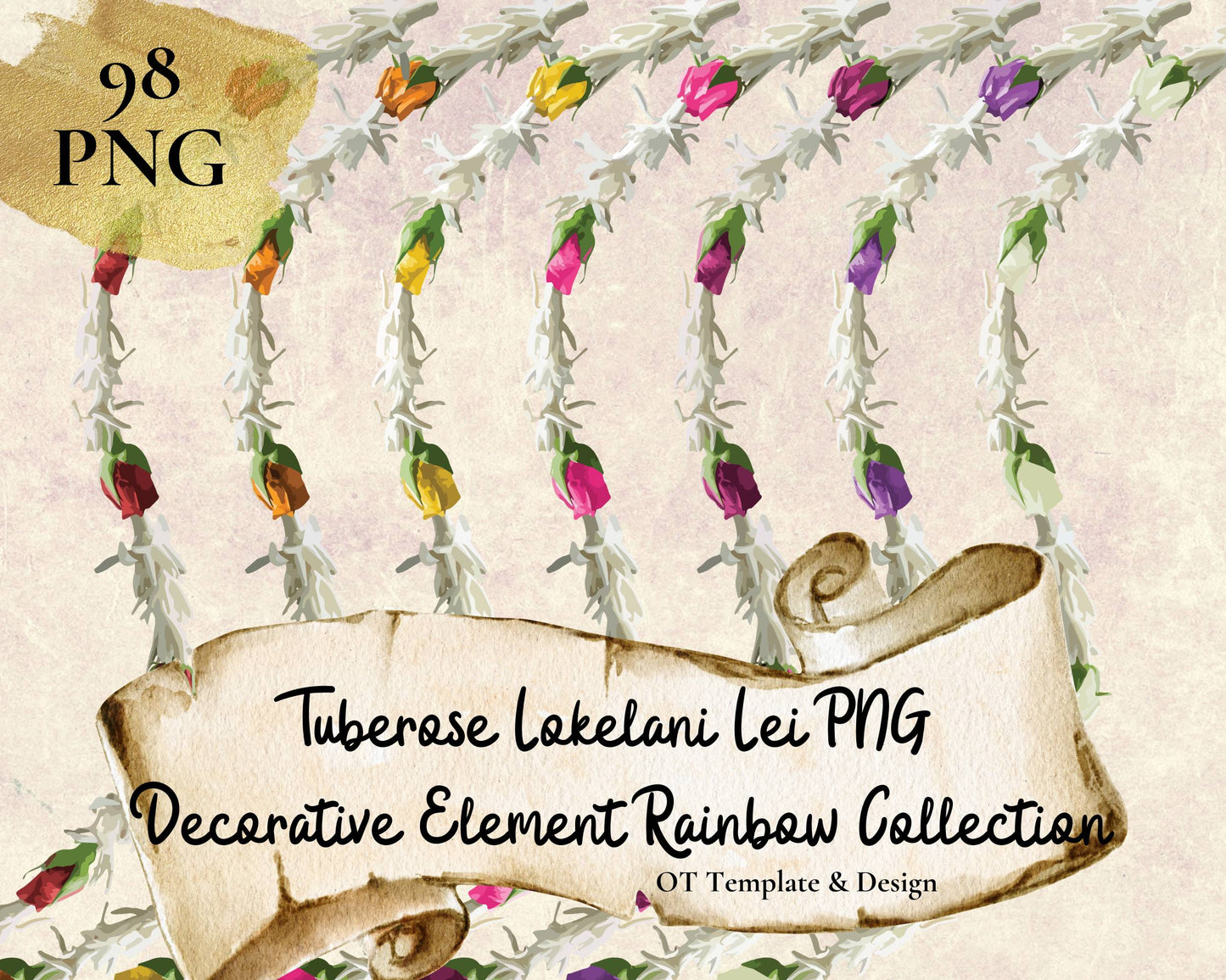 Tuberose Lokelani Lei | Rainbow Hawaiian PNG Decorative Element Set | Digital Download