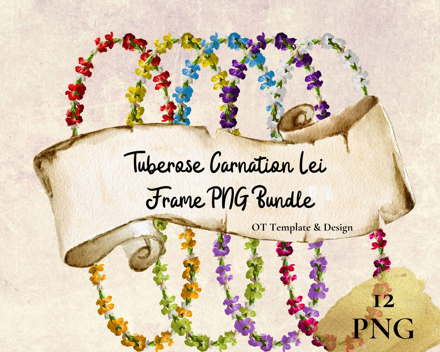 Tuberose Carnation Lei | Hawaiian Frame PNG Bundle | Digital Download