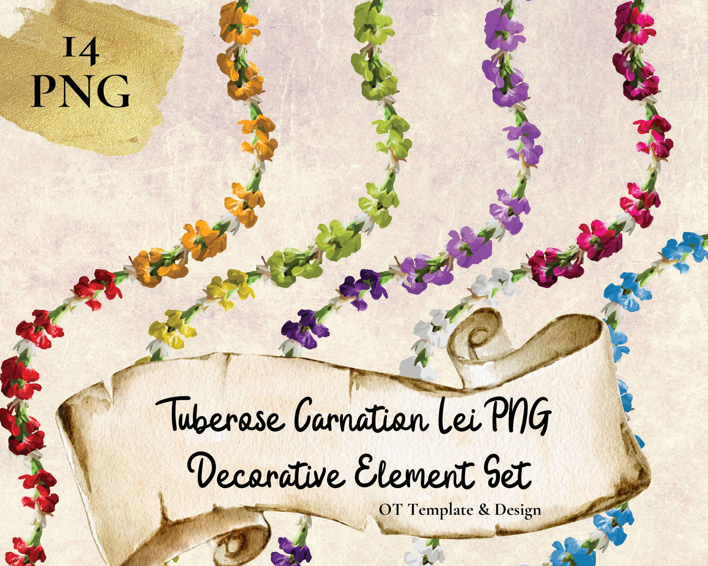 Tuberose Carnation Lei | Hawaiian PNG Decorative Element Set | Digital Download