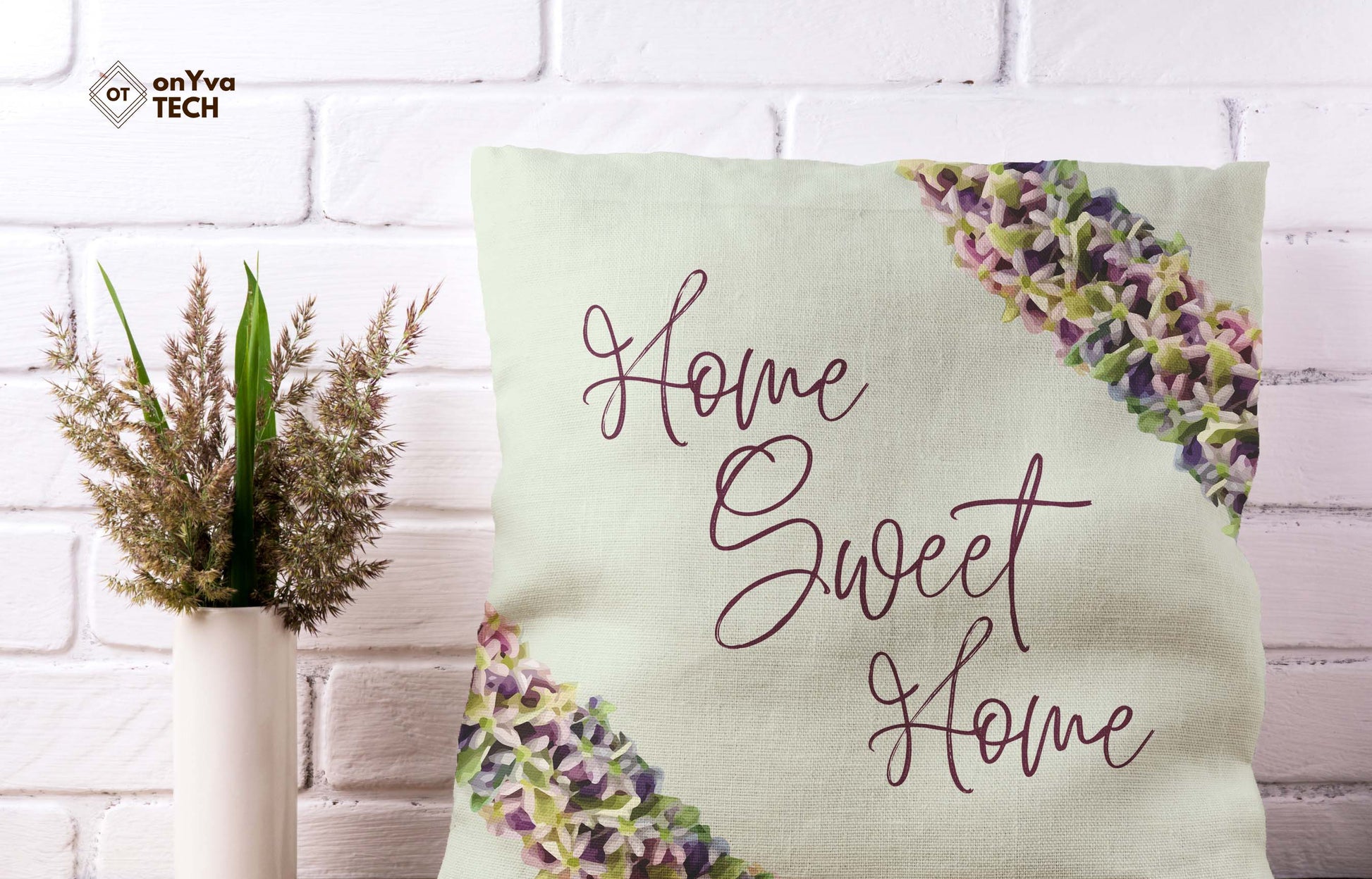 custom print pillow with a crown flower petal lei and the words home sweet home