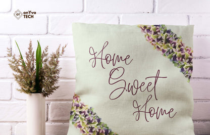 custom print pillow with a crown flower petal lei and the words home sweet home