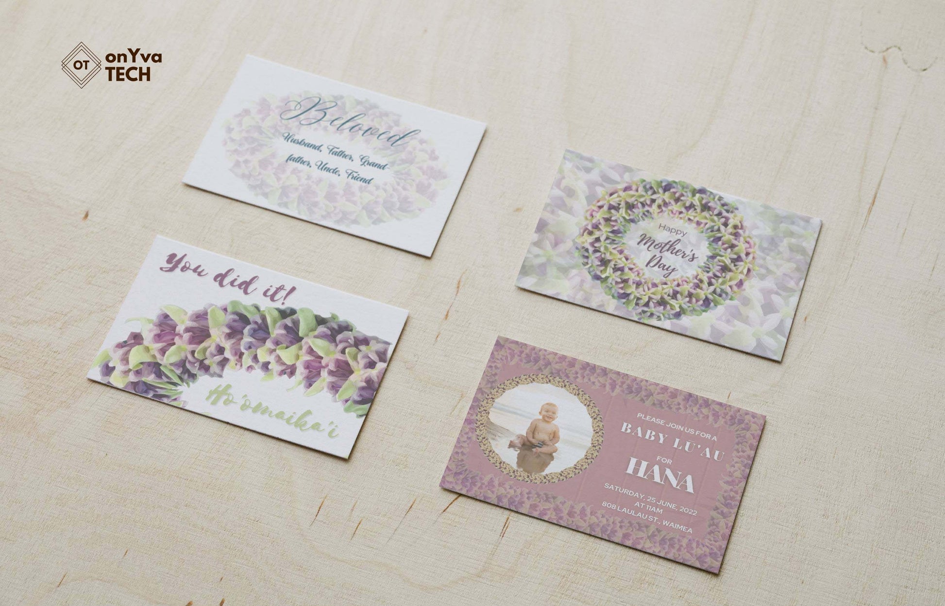 four greeting cards with a crown flower petal lei design: thank you card, birthday card, motherʻs day card and memorial card