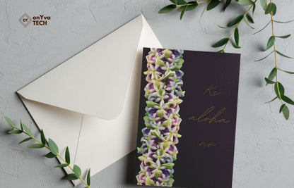 greeting portrait adorned with a crown flower petal lei floral border and the words Ke Aloha No