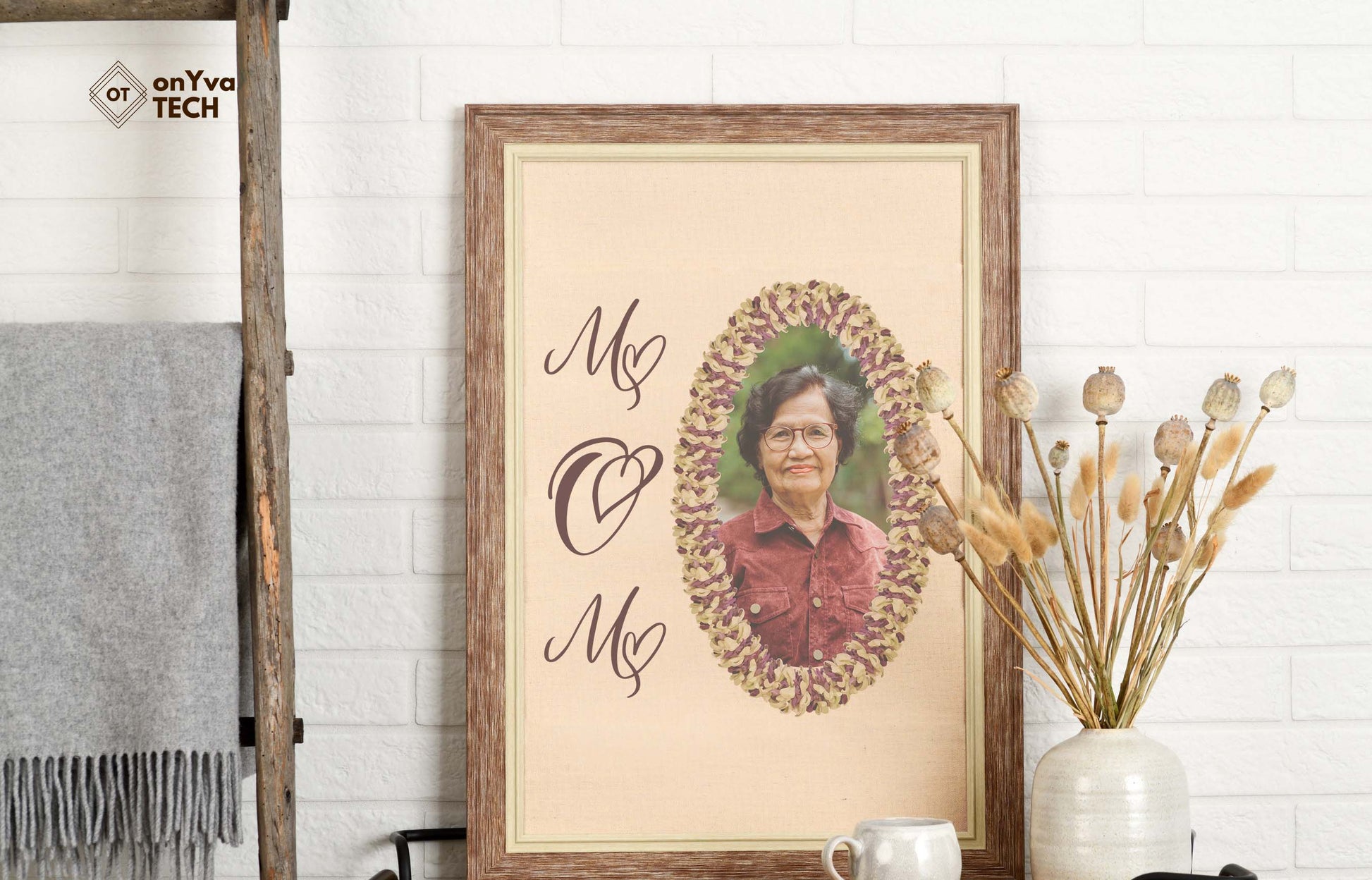framed printed poster of a lady with an oval crown flower petal lei border around her picture and the word mom on the side