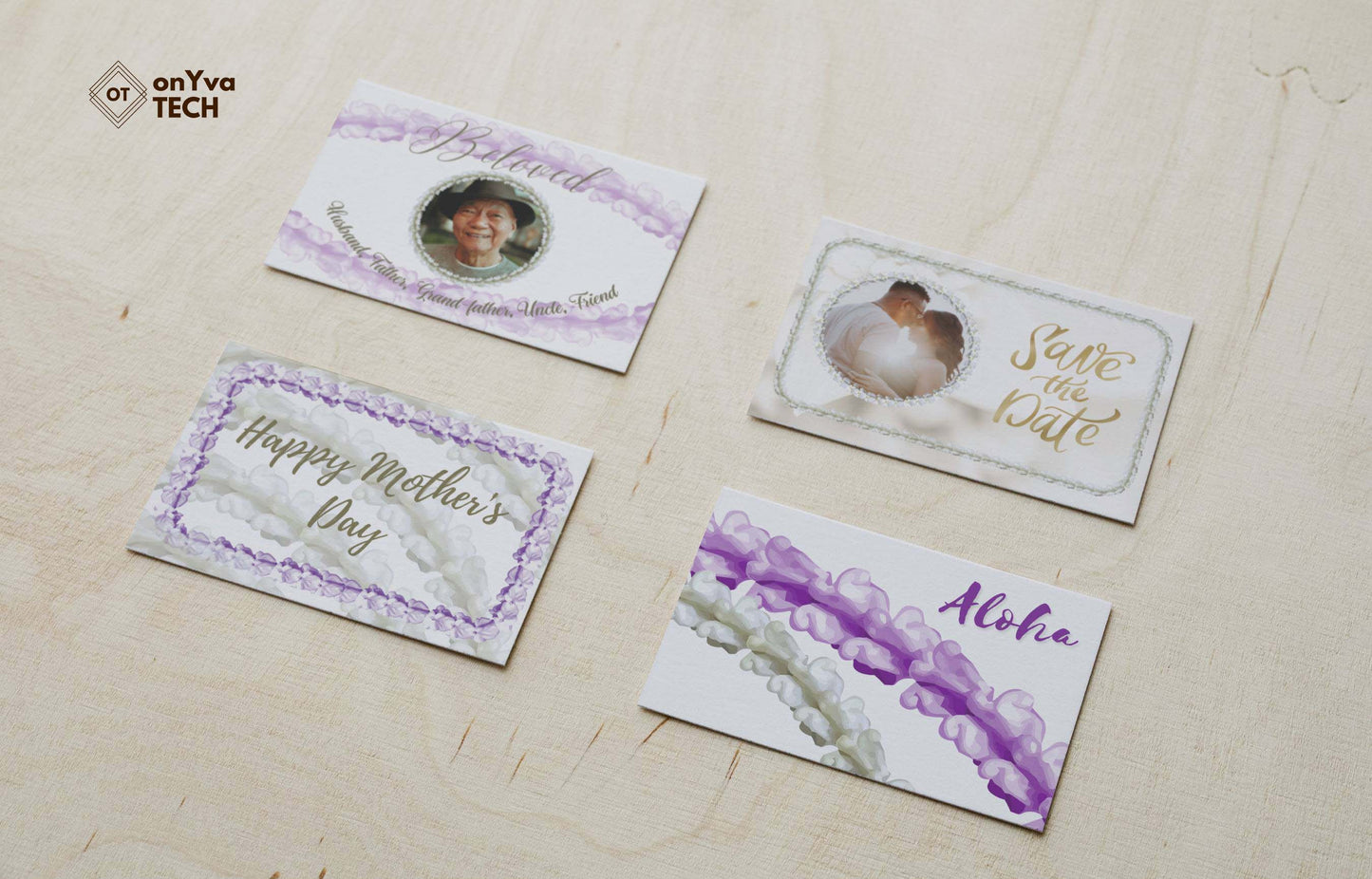 save the date, memorial, happy motherʻs day and aloha  greeting cards with a  purple and white crown flower lei design 