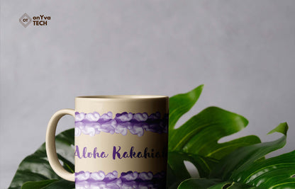  personalized mug sublimation print with a purple crown flower PNG going around and the words: Aloha Kakahiaka 