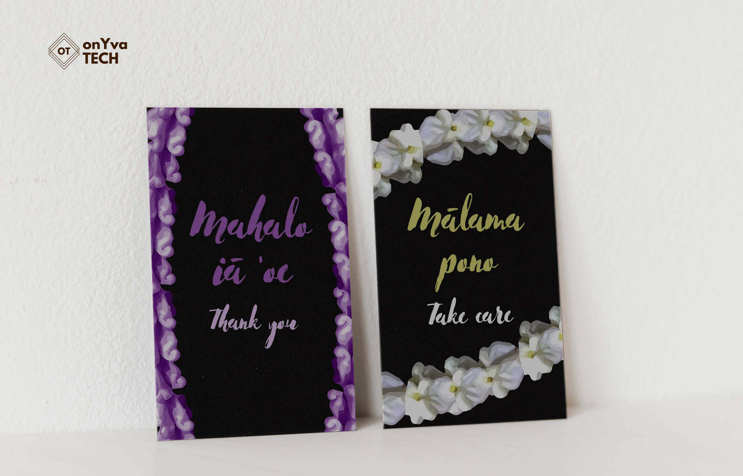 2 thank you and get well greeting card adorned with an oval and rectangle purple and white crown flower lei  