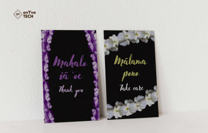 2 thank you and get well greeting card adorned with an oval and rectangle purple and white crown flower lei  