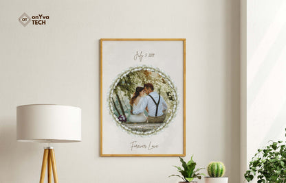  framed printed poster of a couple holding each other with a circle  white crown flower border around their picture and printed their wedding date and the words Forever Love 