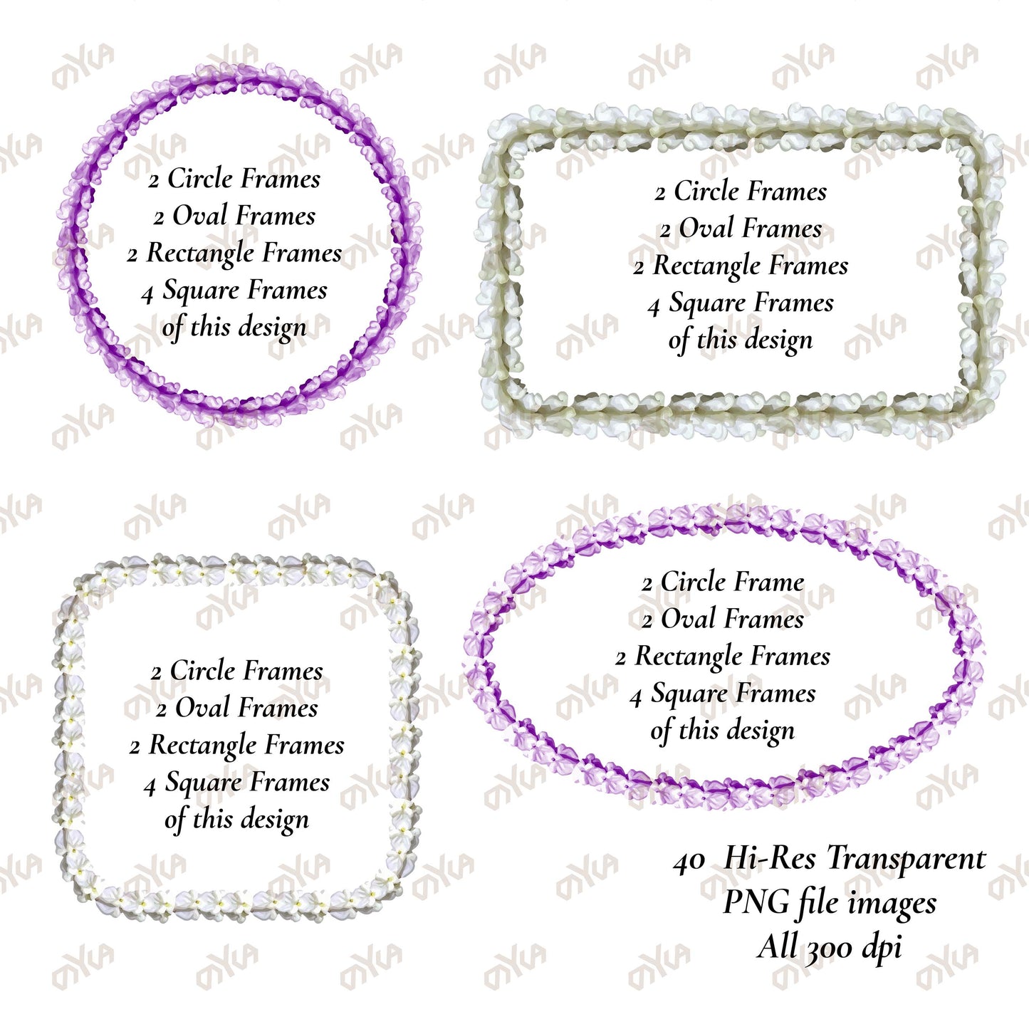 Crown Flower Purple White Lei | Hawaiian Frame PNG Bundle | Digital Download