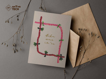 I Love you greeting card adorned with 2 strand shaped as corners of  Hee Berry Lei floral border and the words Aloha wau ia oe