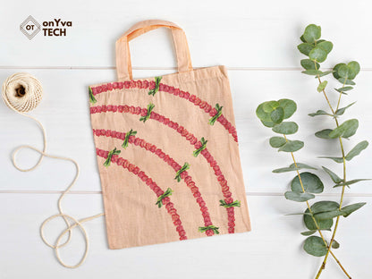  jute tote bag with 4 arcs of  Hee Berry Lei sublimation print from top to bottom 