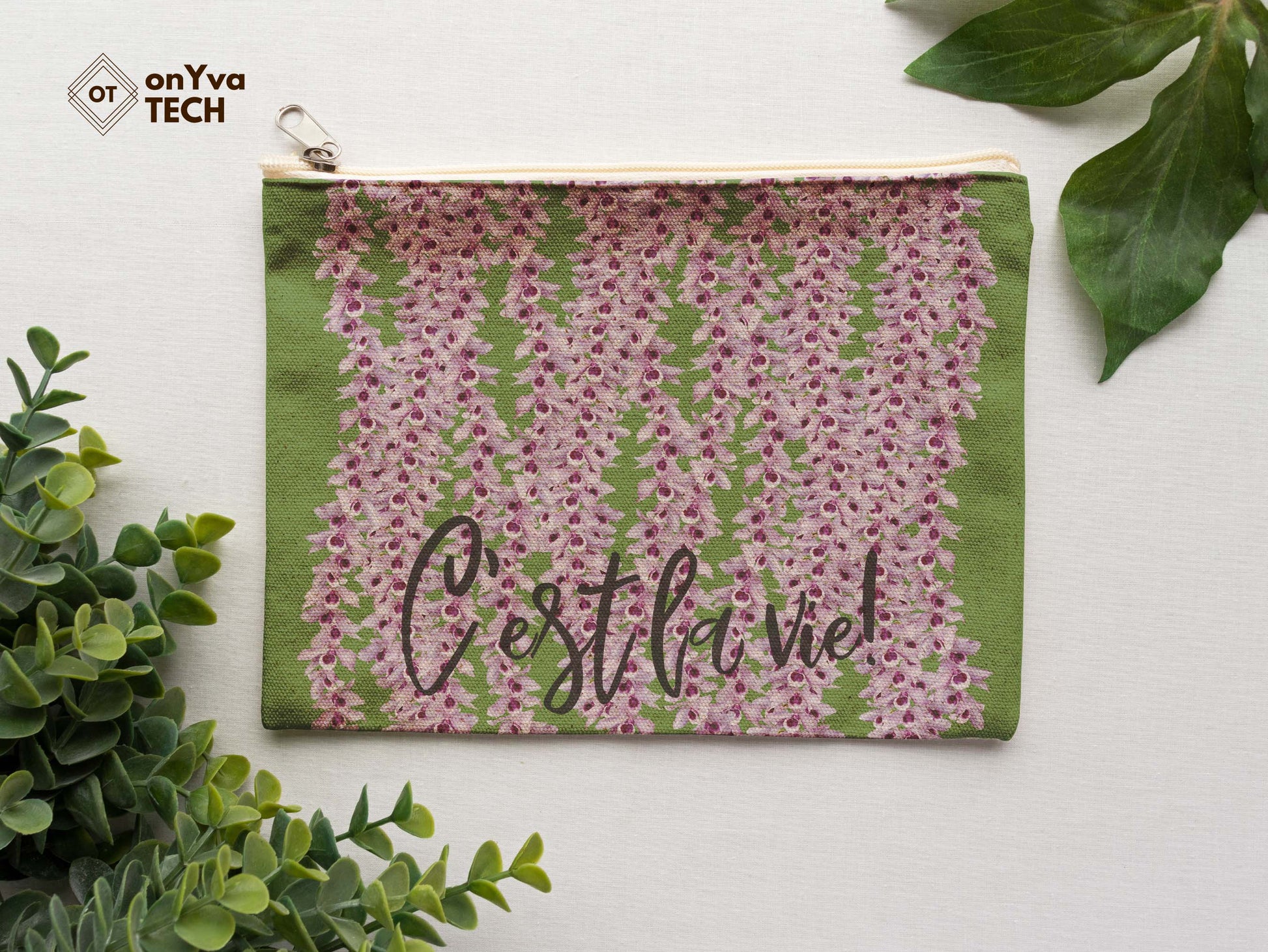  burlap pouch for gifts with the sublimation print of  Honohono Orchid Lei flower PNG and the words Cʻest la vie