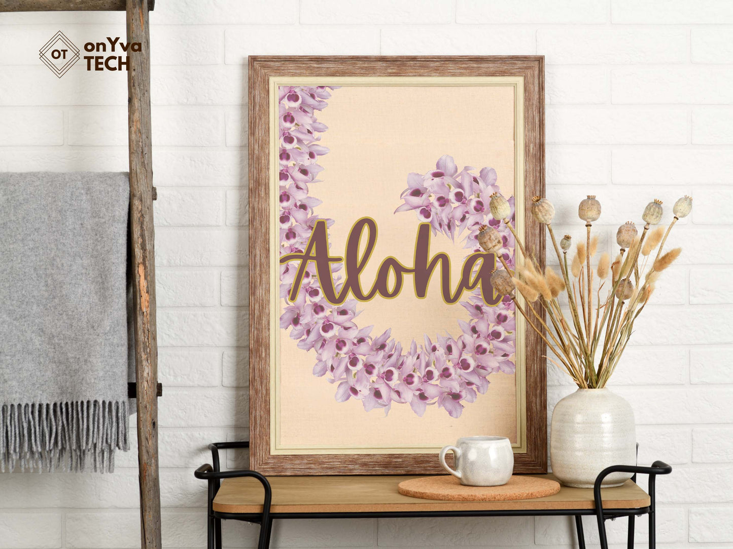  printed poster in a frame of a swirl of a  Honohono Orchid Lei with the words Aloha 