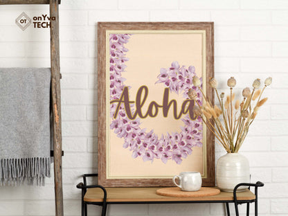  printed poster in a frame of a swirl of a  Honohono Orchid Lei with the words Aloha 