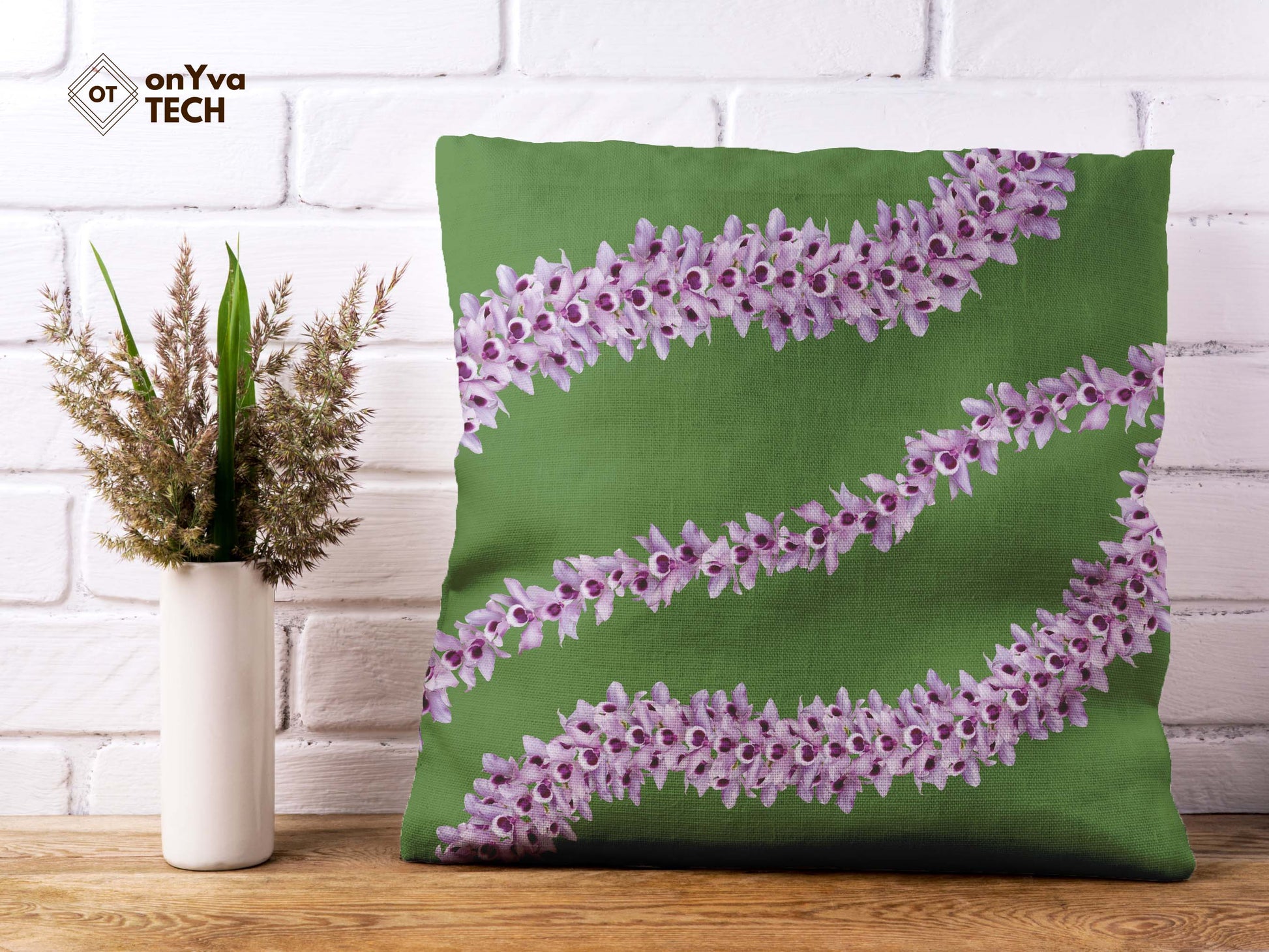  personalized pillow sublimation printed with  Honohono Orchid Lei naturally curved PNG going across diagonally 