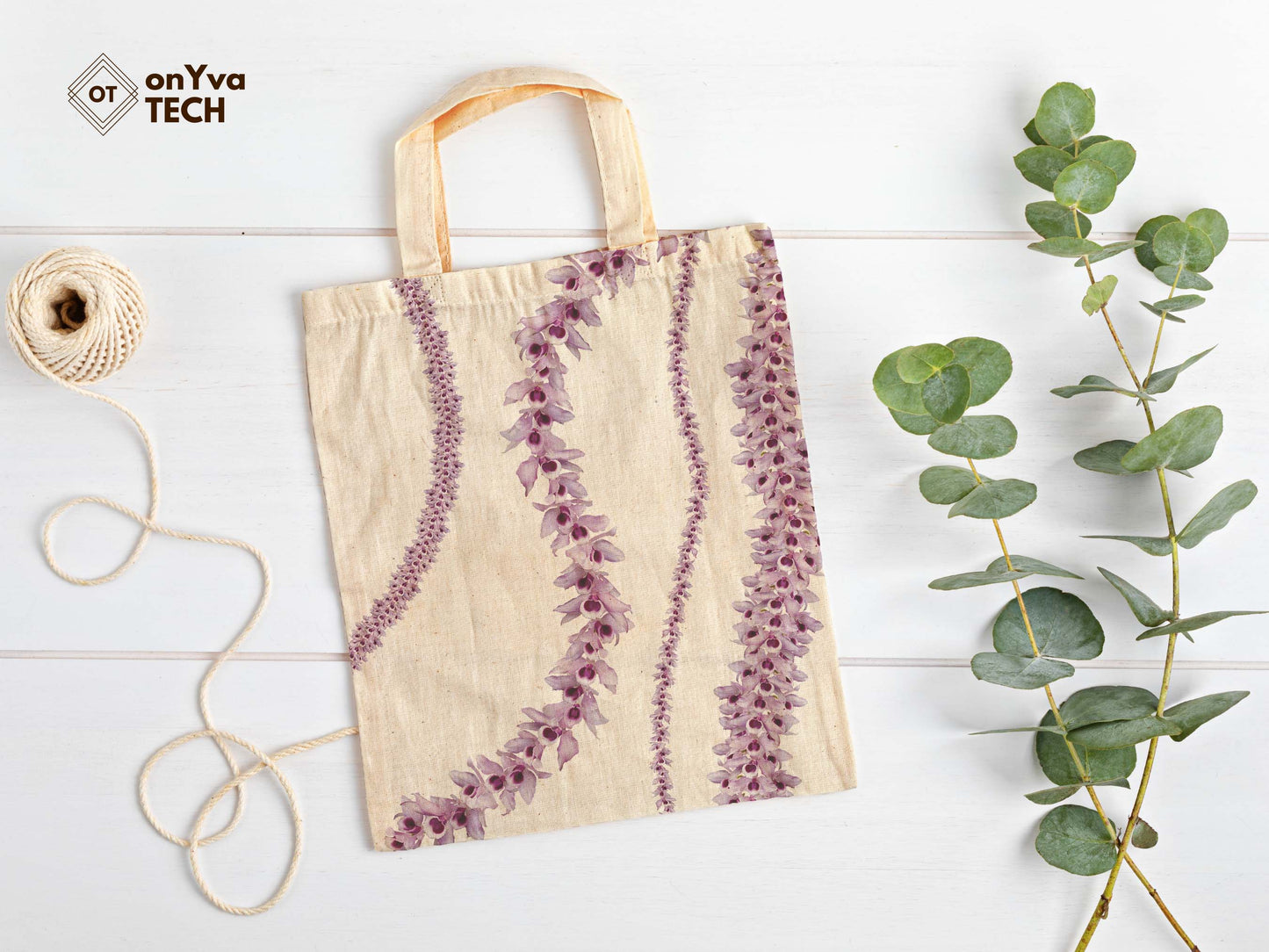  jute tote bag with  Honohono Orchid Lei sublimation print from top to bottom 