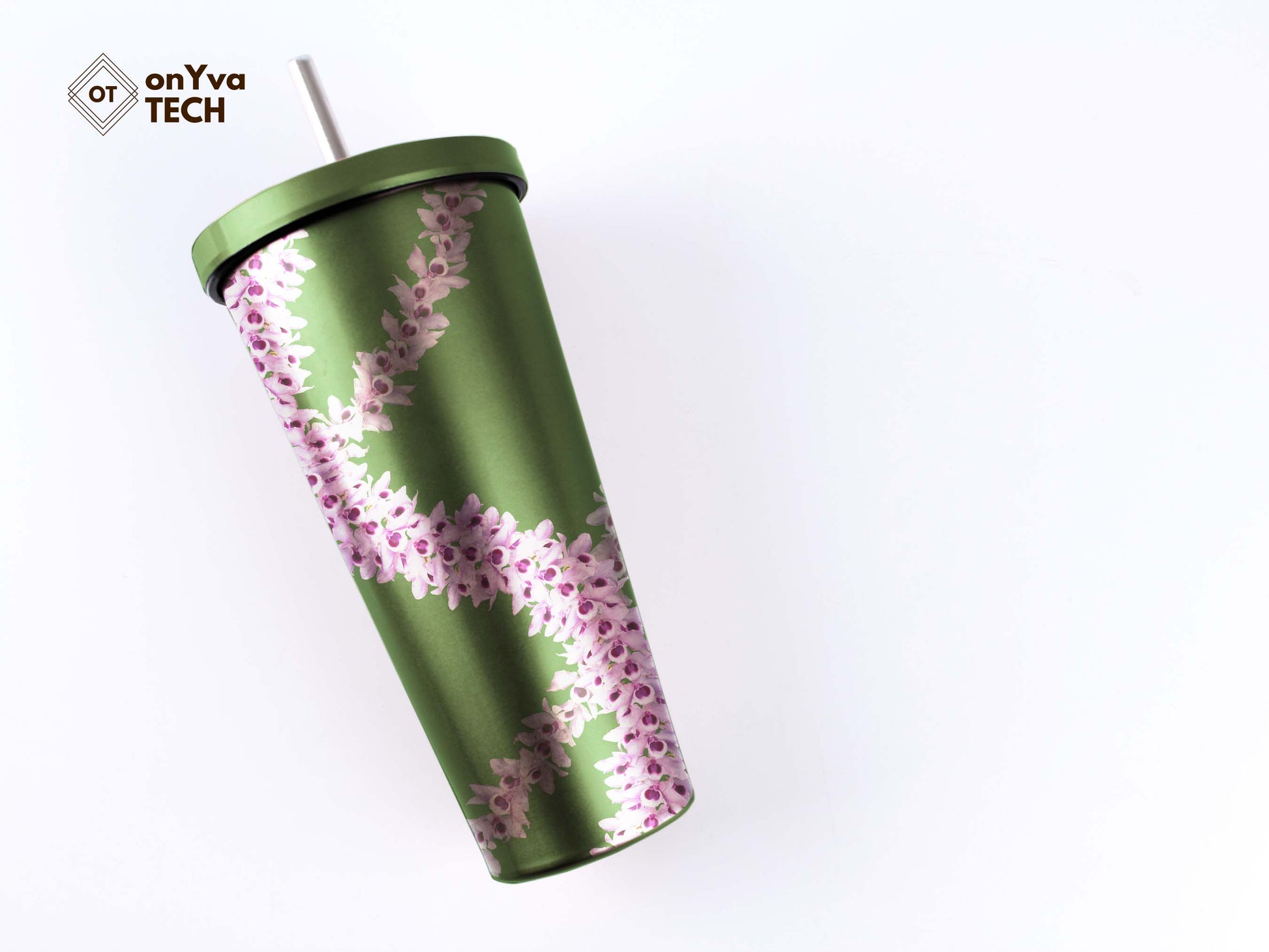  personalized tumbler with a sublimation print of  Honohono Orchid Lei strand going around 