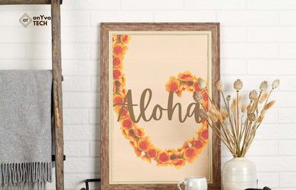 printed poster in a frame of a swirl of a  Ilima Lei with the words Aloha 
