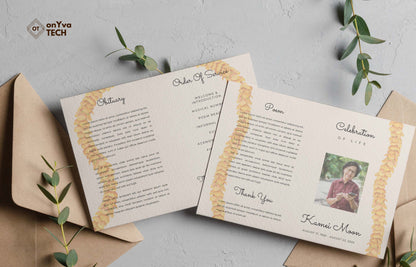  celebration of life program mockup with two pages embellished with   Ilima Lei on the side of each page of the flyer 