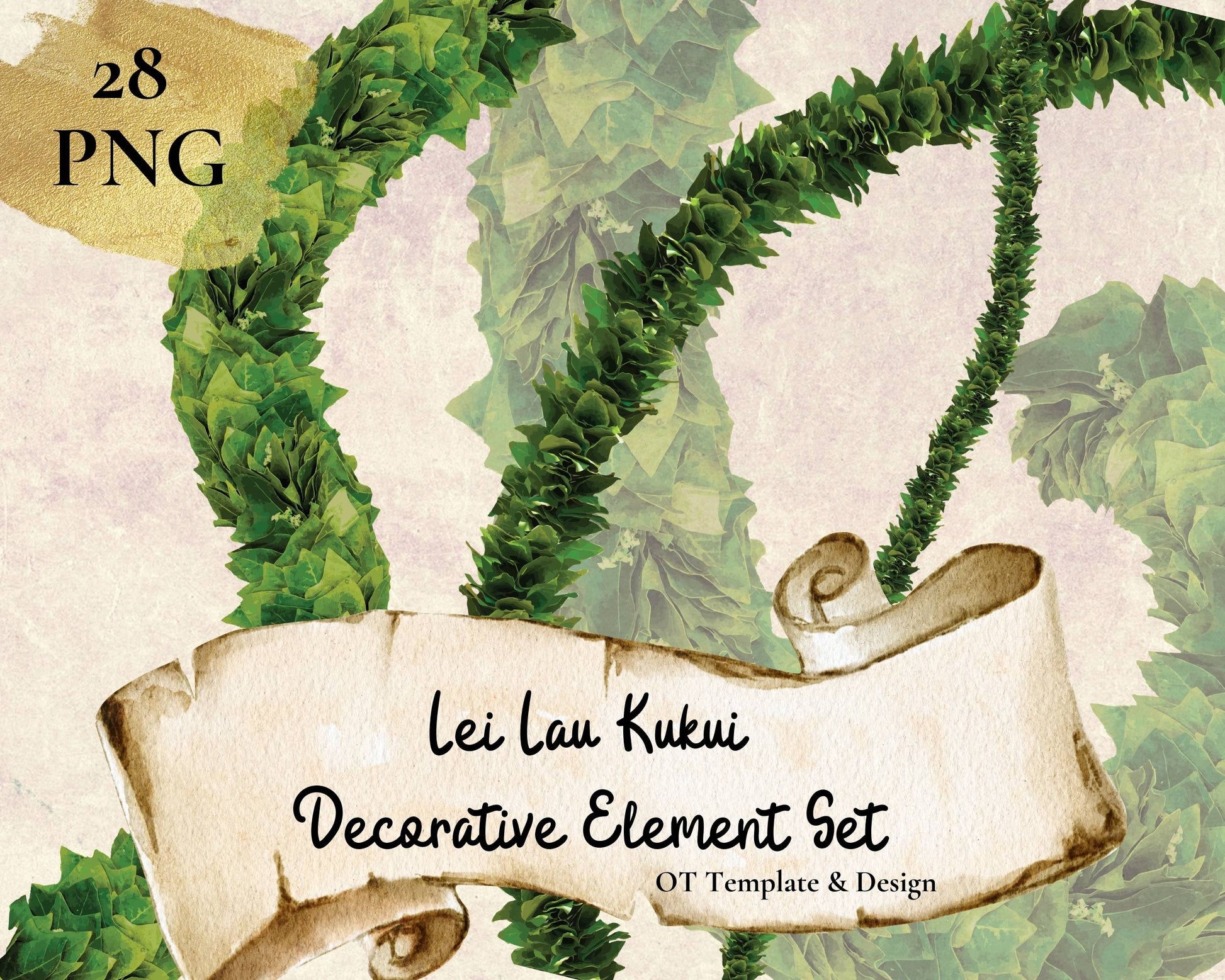 Kukui Leaf Lei Hawaiian PNG Decorative Element Set Digital Download