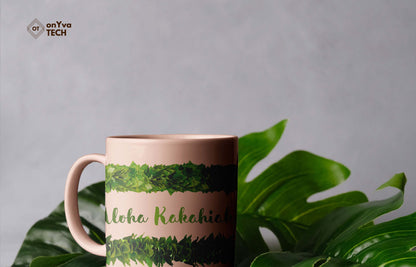  personalized mug sublimation print with 2 Kukui Leaf Lei PNG going around and the words: Aloha Kakahiaka 