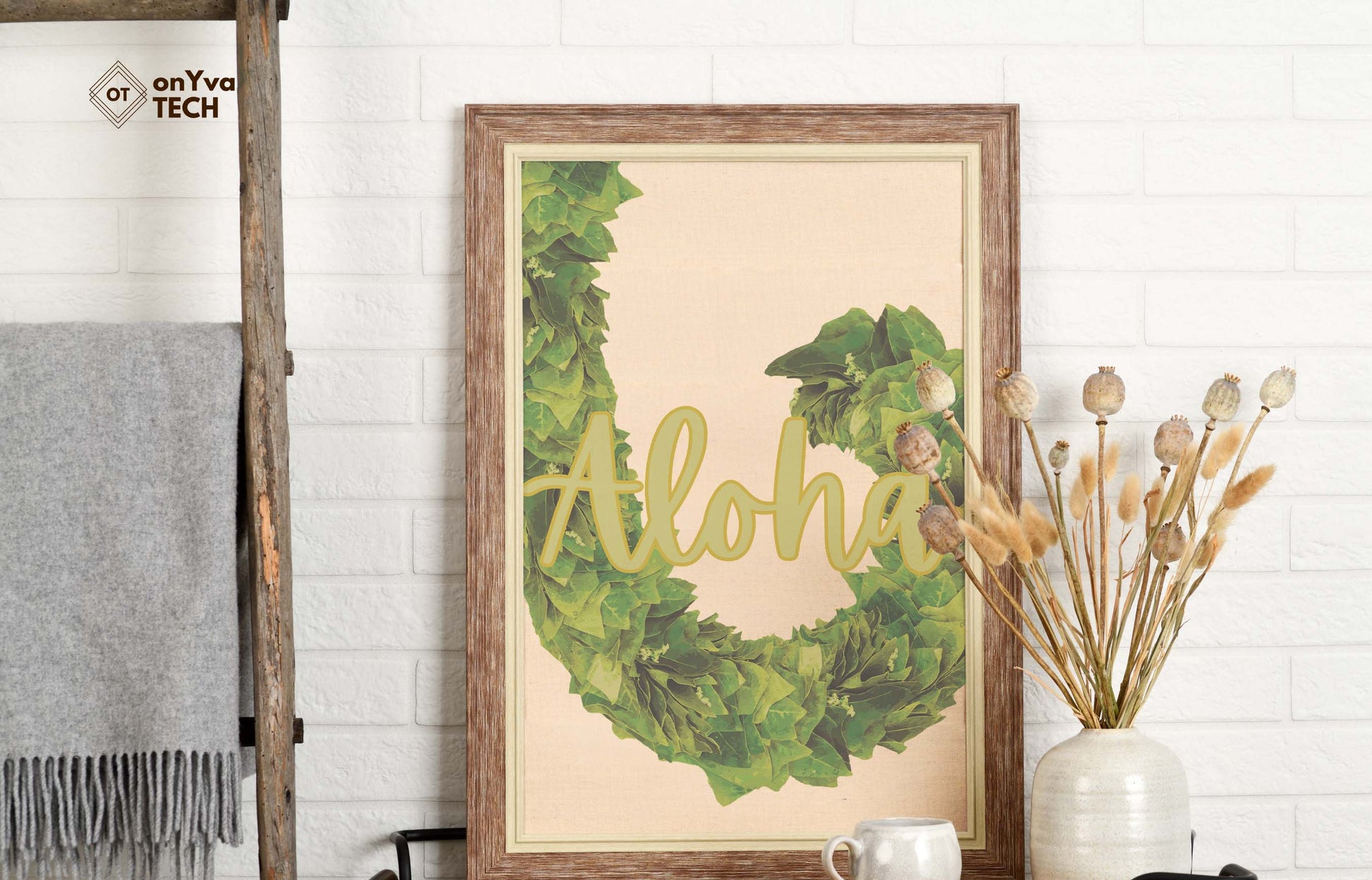  printed poster in a frame of a swirl of a  Kukui Leaf Lei with the words Aloha 