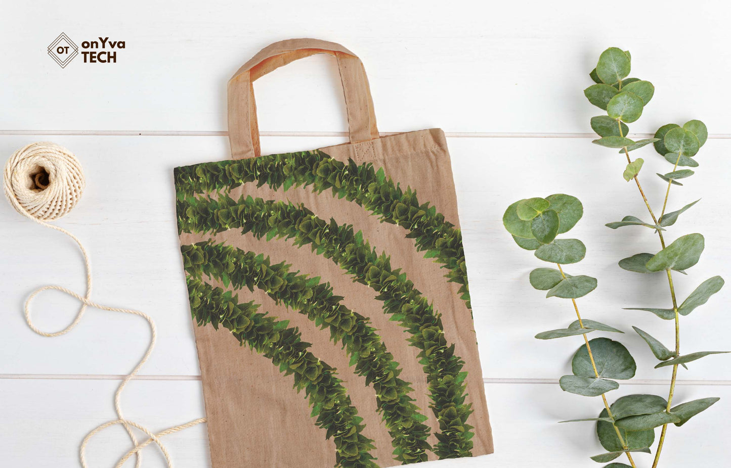  jute tote bag with 3 Kukui Leaf Lei sublimation print from top to bottom 