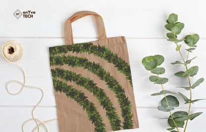  jute tote bag with 3 Kukui Leaf Lei sublimation print from top to bottom 