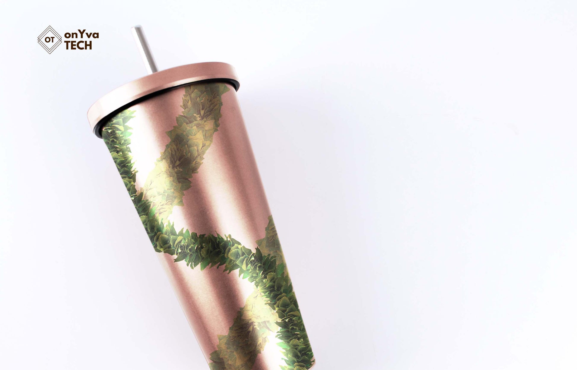  personalized tumbler with a sublimation print of 2 Kukui Leaf Lei strand going around 