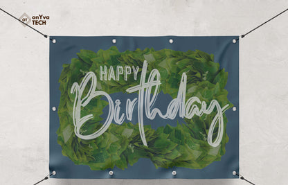 Happy Birthday banner with a sublimation print of a rectangle border of a  Kukui Leaf Lei frame surrounding the words 