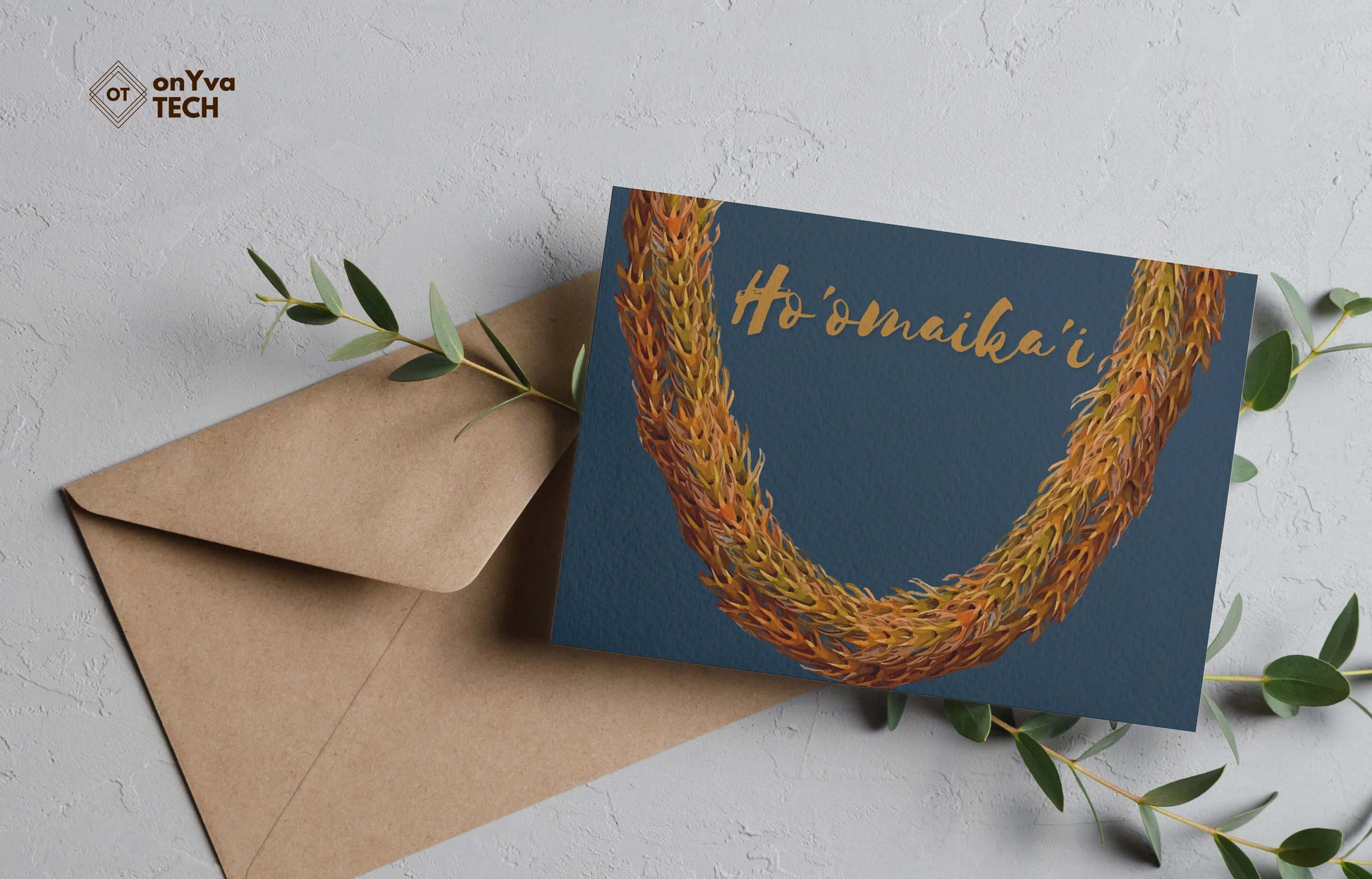 Congratulation greeting card adorned with  half an oval Kukunaokala Lei floral border and the words Hoomaikai