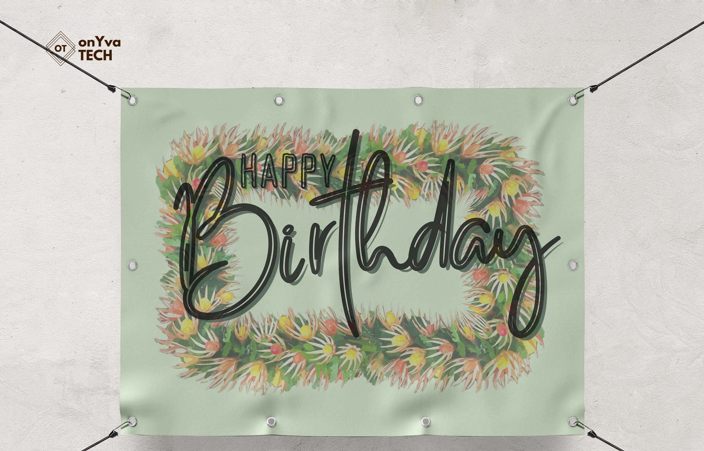 Birthday banner with a sublimation print of a rectangle border of a  Kukunaokala Lei frame surrounding the words 