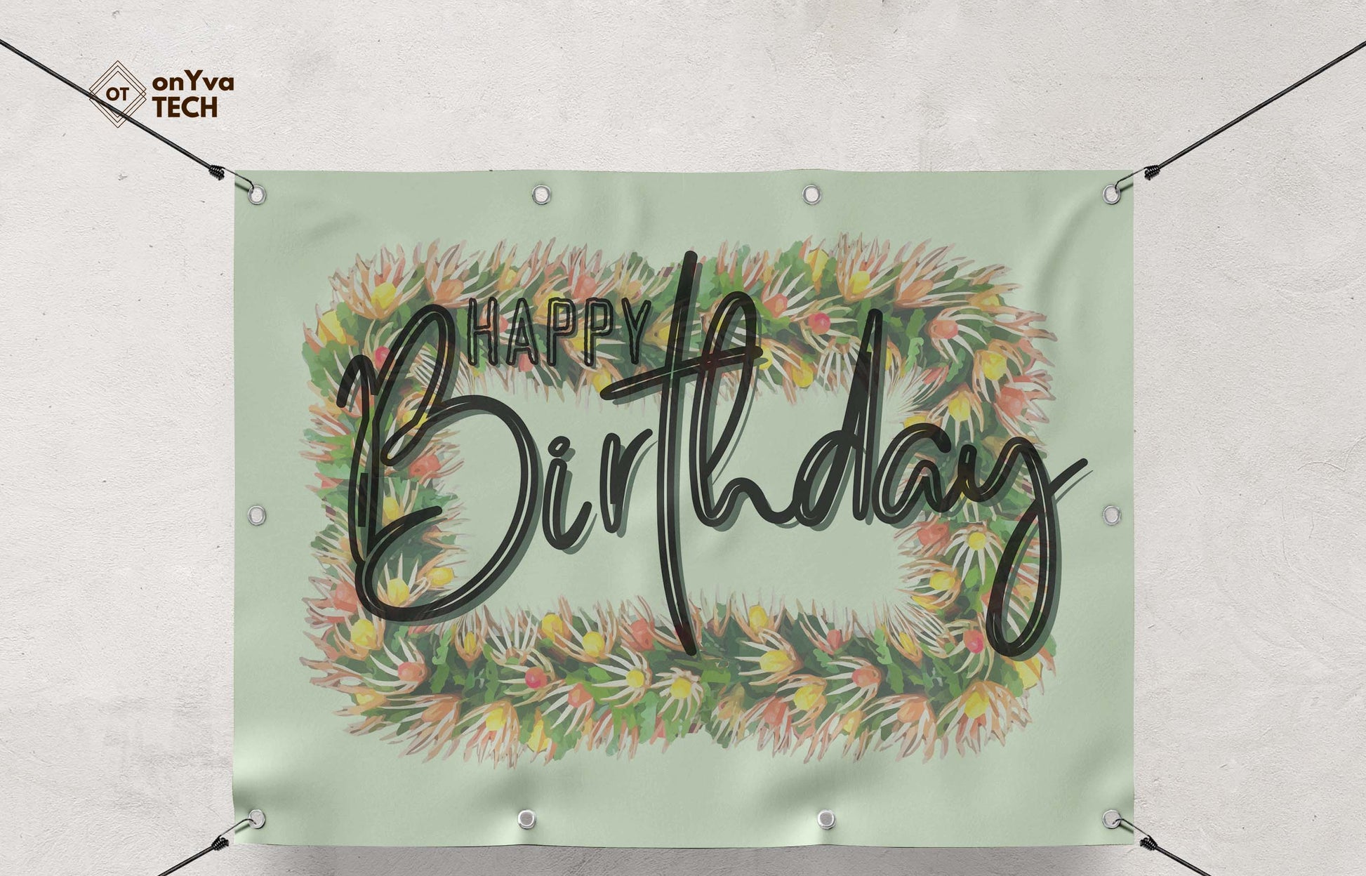Birthday banner with a sublimation print of a rectangle border of a  Kukunaokala Lei frame surrounding the words 