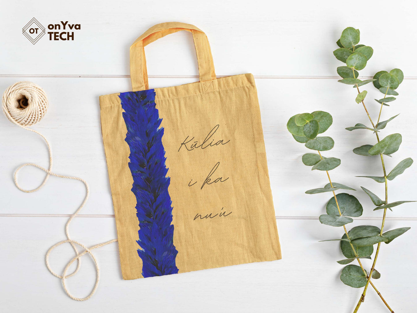  jute tote bag with  Lei Hulu Royal Blue sublimation print from top to bottom and the words Kulia i ka nuu
