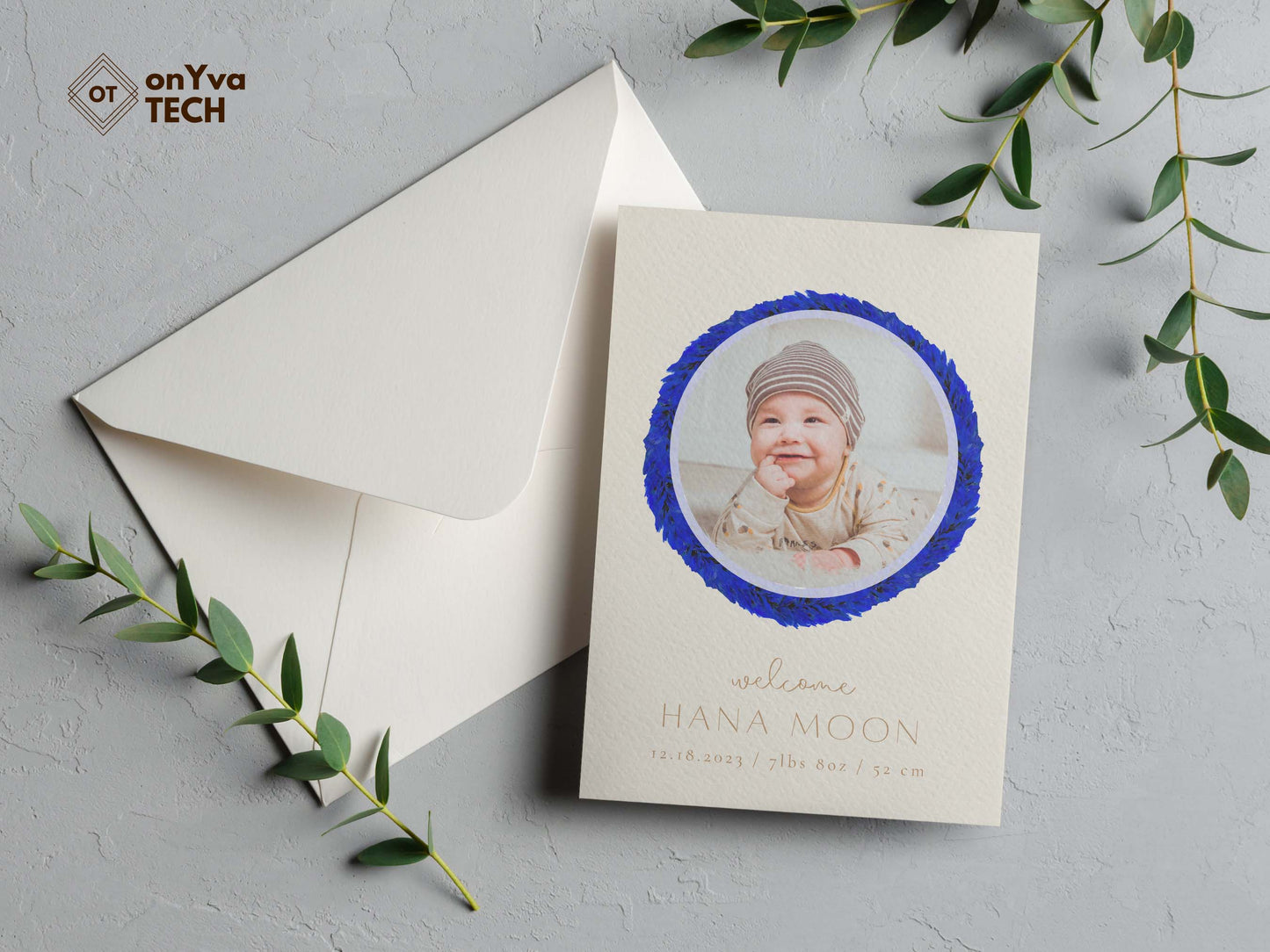  baby announcement card with a circle frame of   Lei Hulu Royal Blue necklace around the picture. 