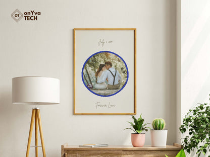  framed printed poster of a couple holding each other with a circle  Lei Hulu Royal Blue border around their picture and printed their wedding date and the words Forever Love 