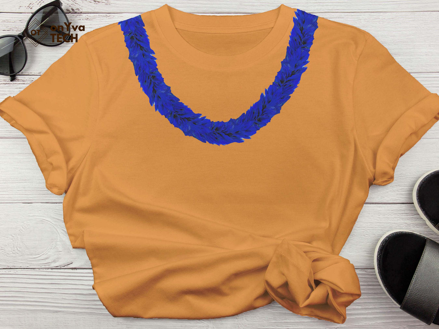  custom t-shirt with the sublimation print of  Lei Hulu Royal Blue dropping from each shoulder 