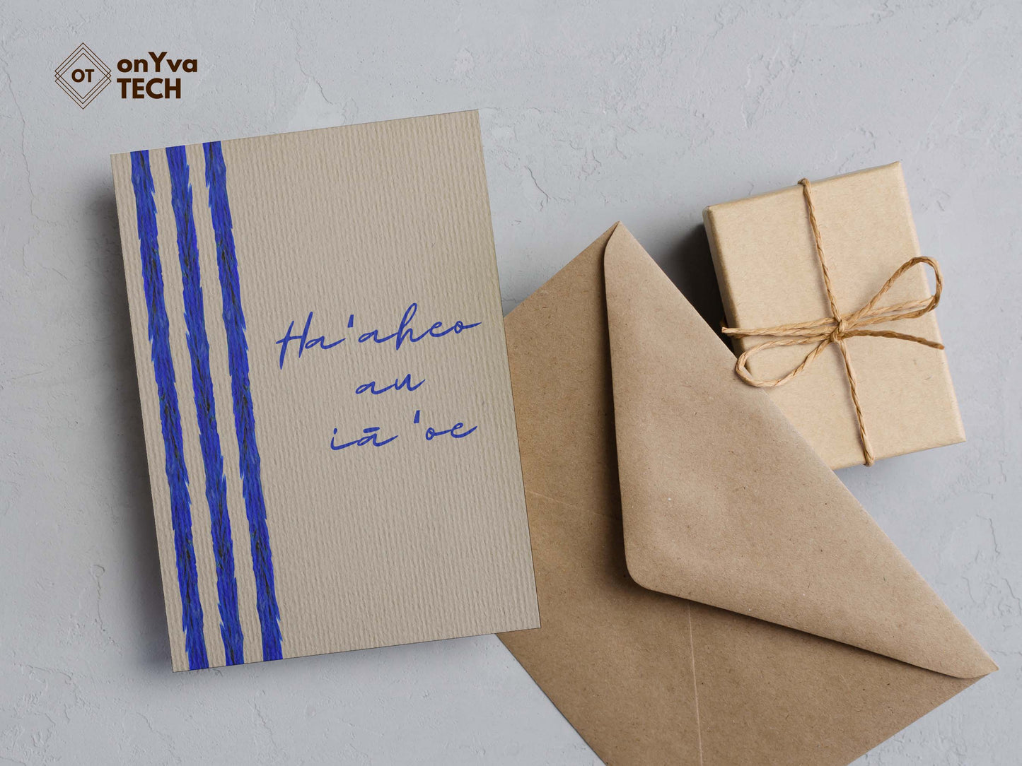  greeting portrait adorned with   Lei Hulu Royal Blue floral border and the words Haaheo au ia oe