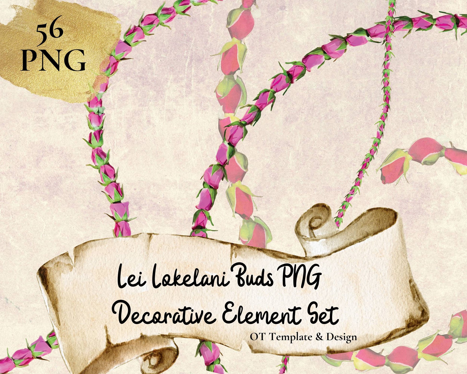 Lokelani Buds Lei Hawaiian PNG Decorative Element Set Digital Download