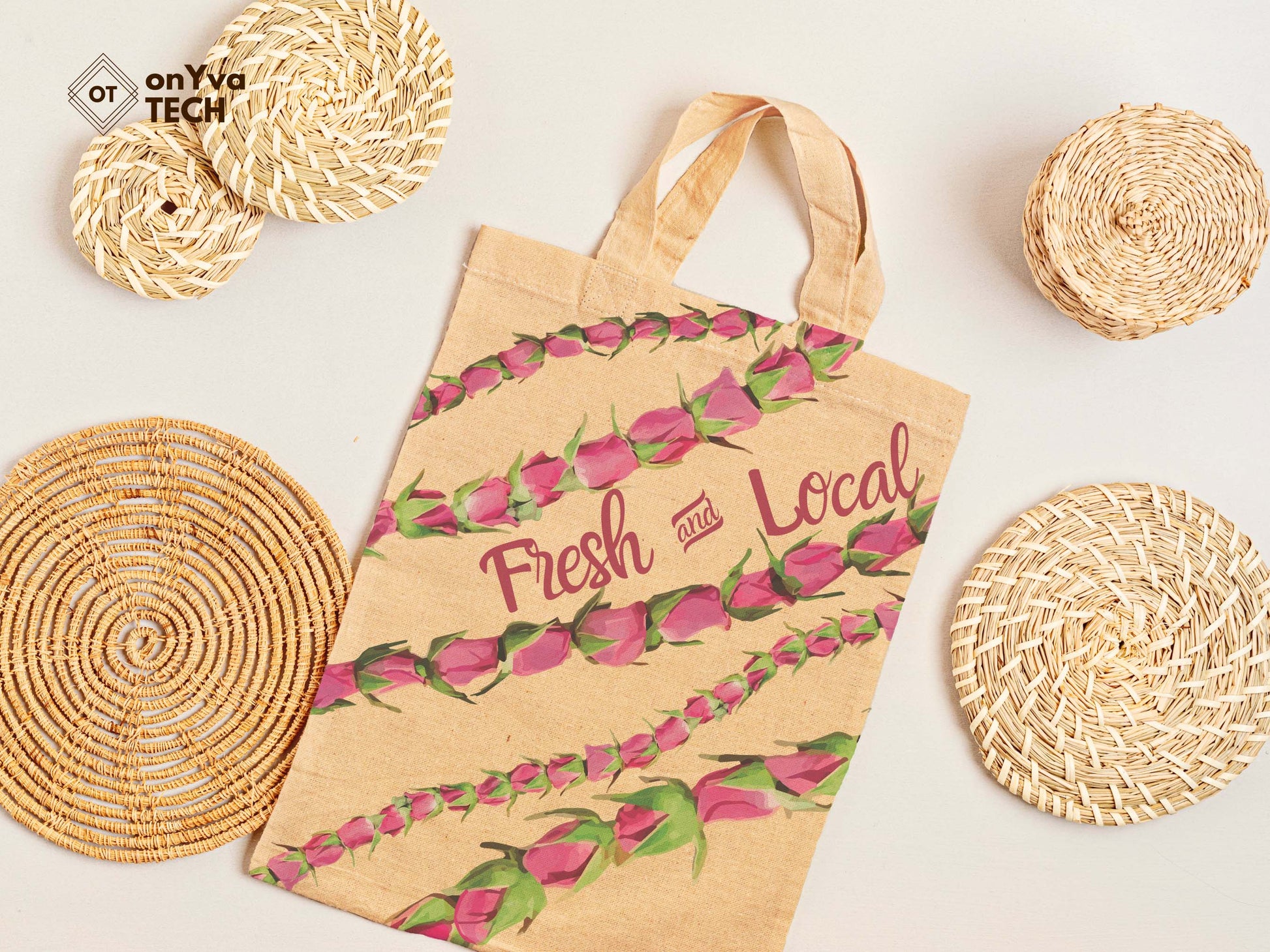  jute tote bag with  Lokelani Lei sublimation print from top to bottom 