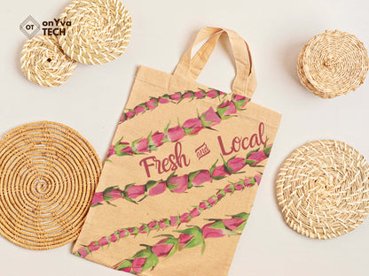  jute tote bag with  Lokelani Lei sublimation print from top to bottom 