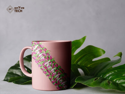  personalized mug sublimation print with 4 Lokelani Lei PNG going around and the words: Aloha kakahiaka